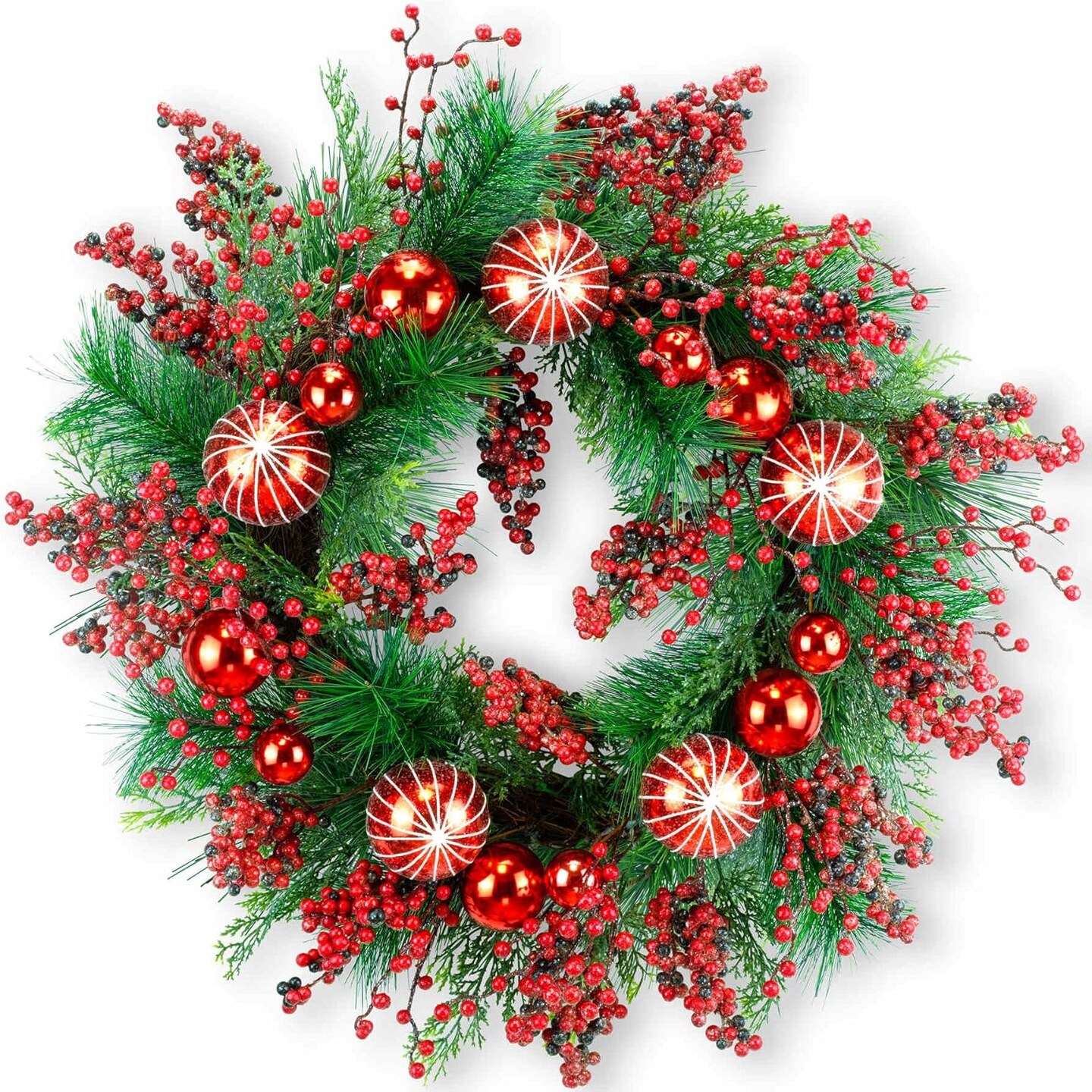 24&#x22; Red Berries Christmas Wreath, Artificial Holiday Wreath with Red &#x26; Purple Frosted Berries, Red Baubles, Green Leyland Cypress Branches &#x26; Pine Needles (Red Berries)