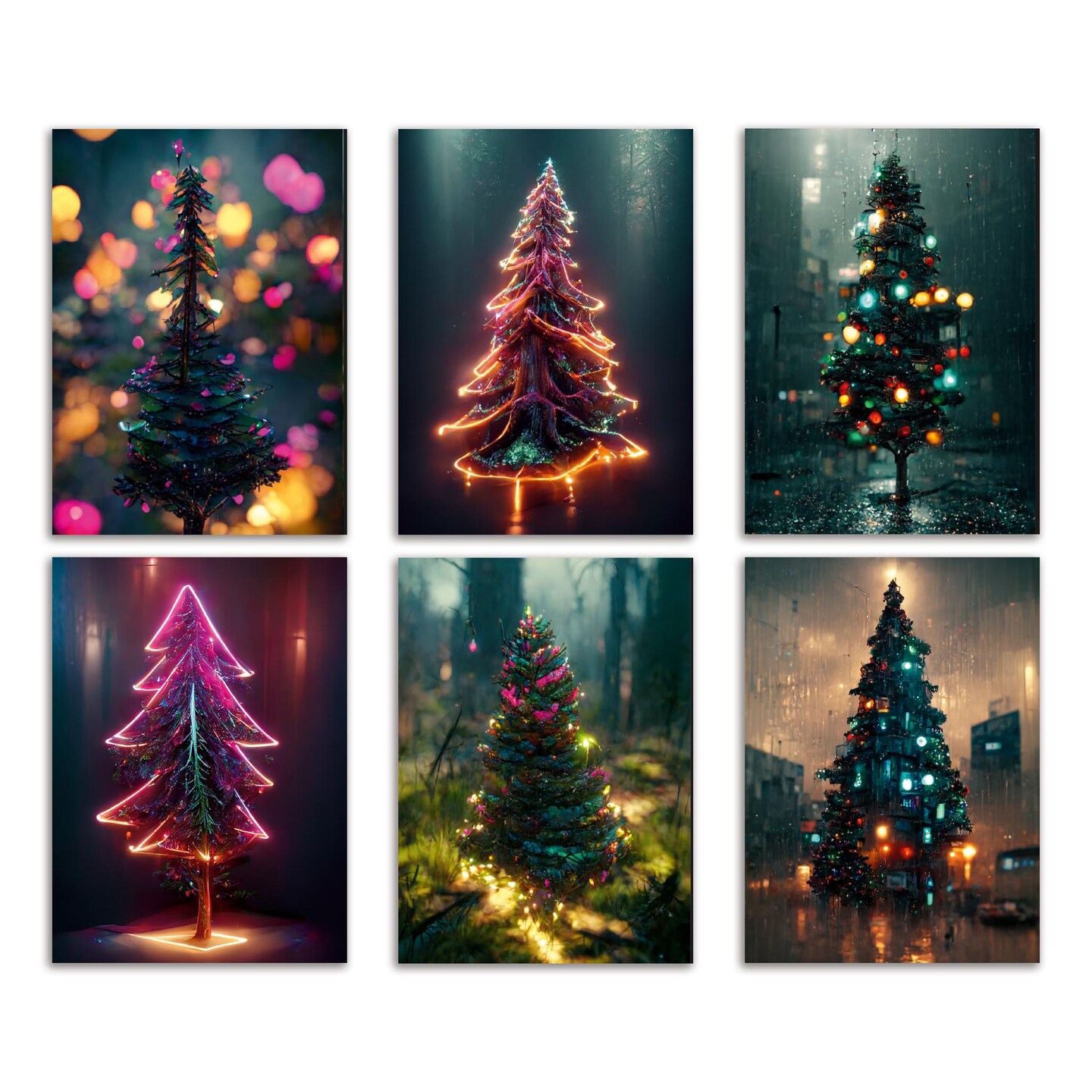 Modern Christmas Tree Cards - 24-Pack Holiday Greeting Cards with 6 Unique Illuminated Tree Designs, Perfect for Sharing Merry Christmas & Happy Holiday Wishes, Blank Inside for Personalized Messages - Elegant and Vibrant Festive Stationery Set