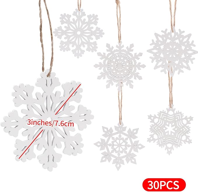 Hanging Wood Christmas Tree Snowflake Ornaments Crafts Hollowed Embellishments for Christmas Holiday Decor, 3inch, White