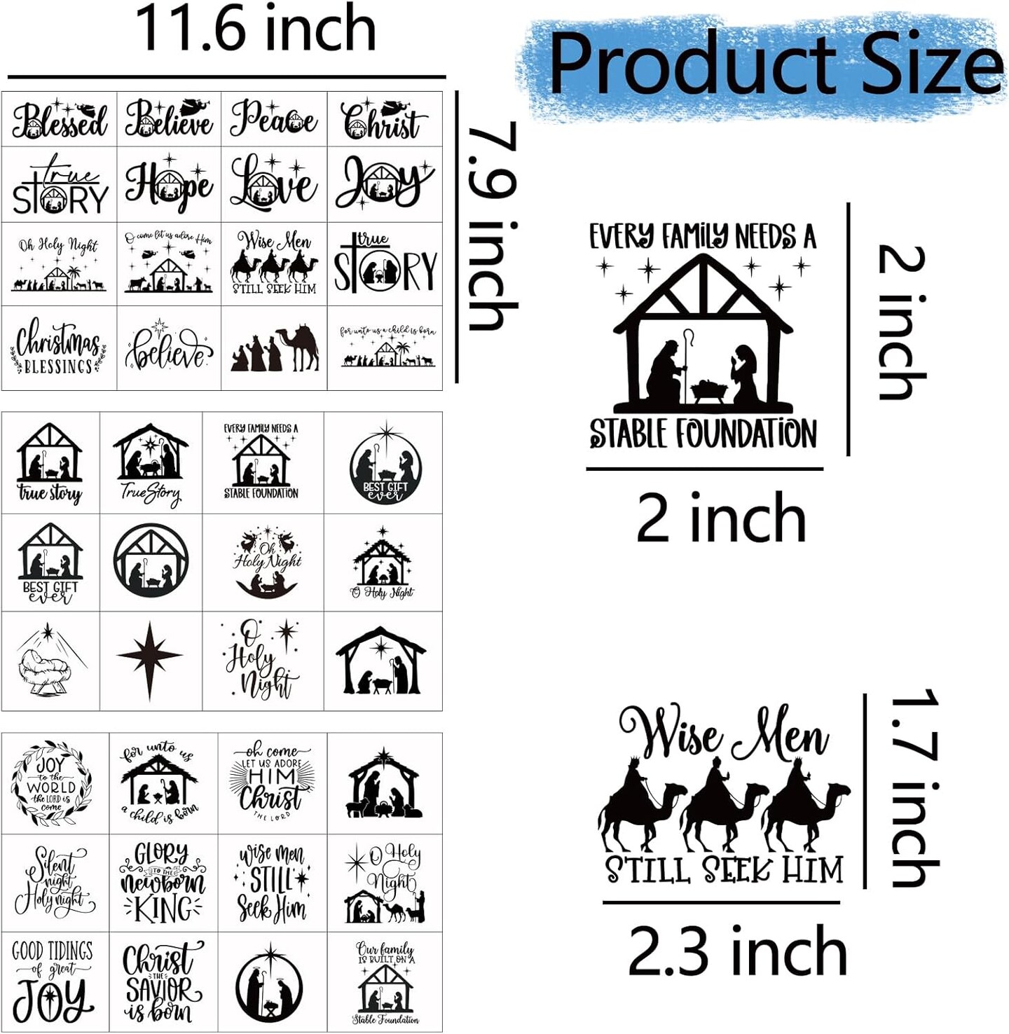 40 Pieces Christmas Nativity Stickers for Crafts Vinyl Christmas Stickers Waterproof Decals for Ornament Ball Wood Cup Glass Water Bottle Decoration (40 Pcs Black Nativity)