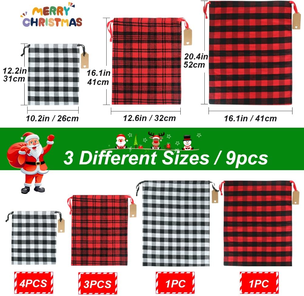 Buffalo Plaid Drawstring Bags, 9Pcs Soft Flannel Christmas Gift Bags Assorted Sizes Christmas Fabric Bags Reusable Christmas Gift Bags for Christmas Package Birthday Holiday Party(Red&#x26;Black)