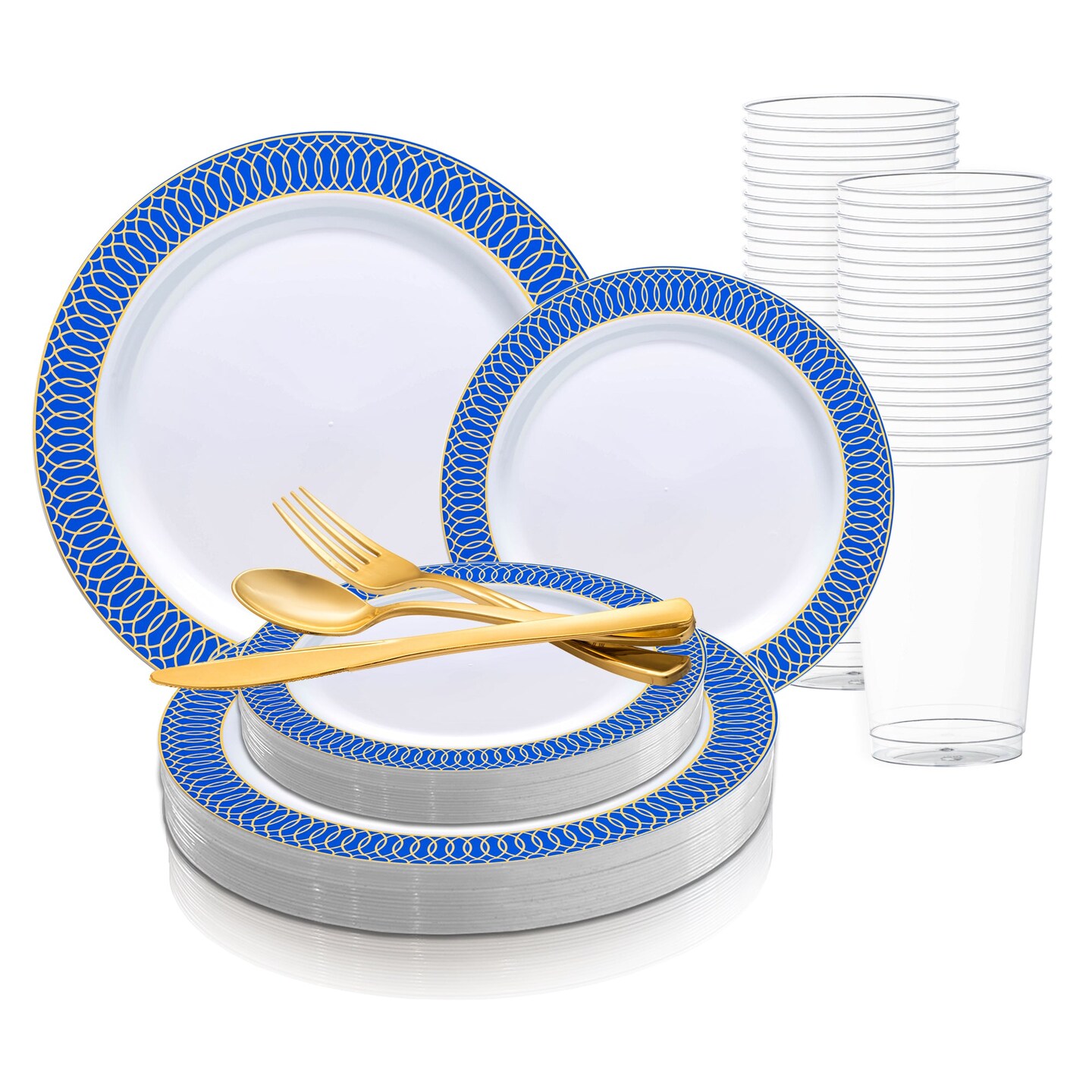 White with Gold Spiral on Blue Rim Plastic Wedding Value Set (120 Settings)