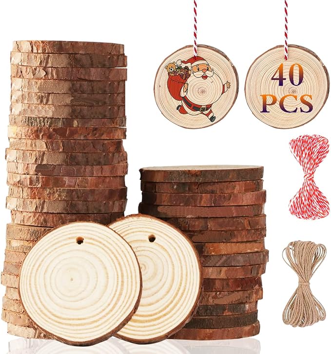 Unfinished DIY Crafts Predrilled with Hole Round Wooden Circles for Arts Rustic Wood Slices Christmas Ornaments Decor