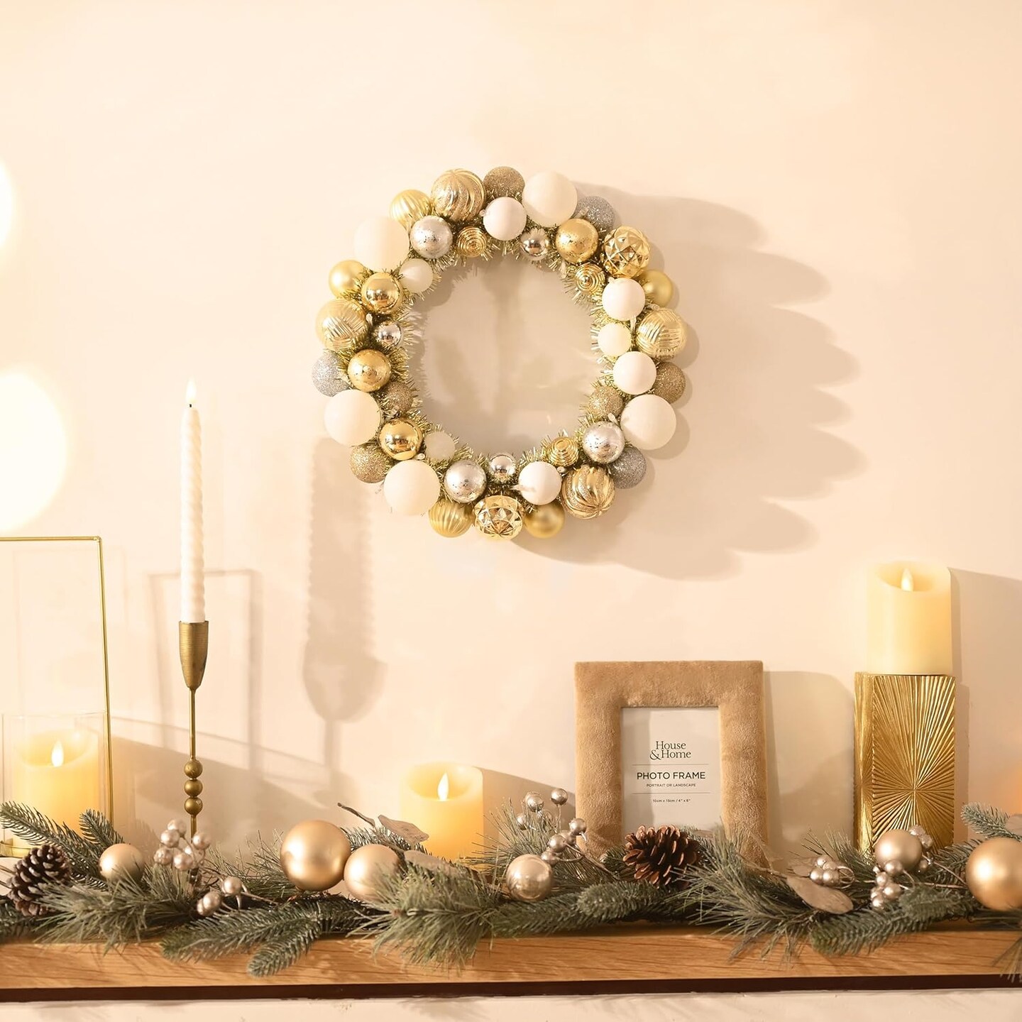 Pre-Lit Christmas Ball Wreath for Front Door with Lights, 13&#x27;&#x27; Lighted Christmas Wreath with White Gold Xmas Balls for Fireplace Window Outdoor Table Centerpiece Holiday Home Decoration