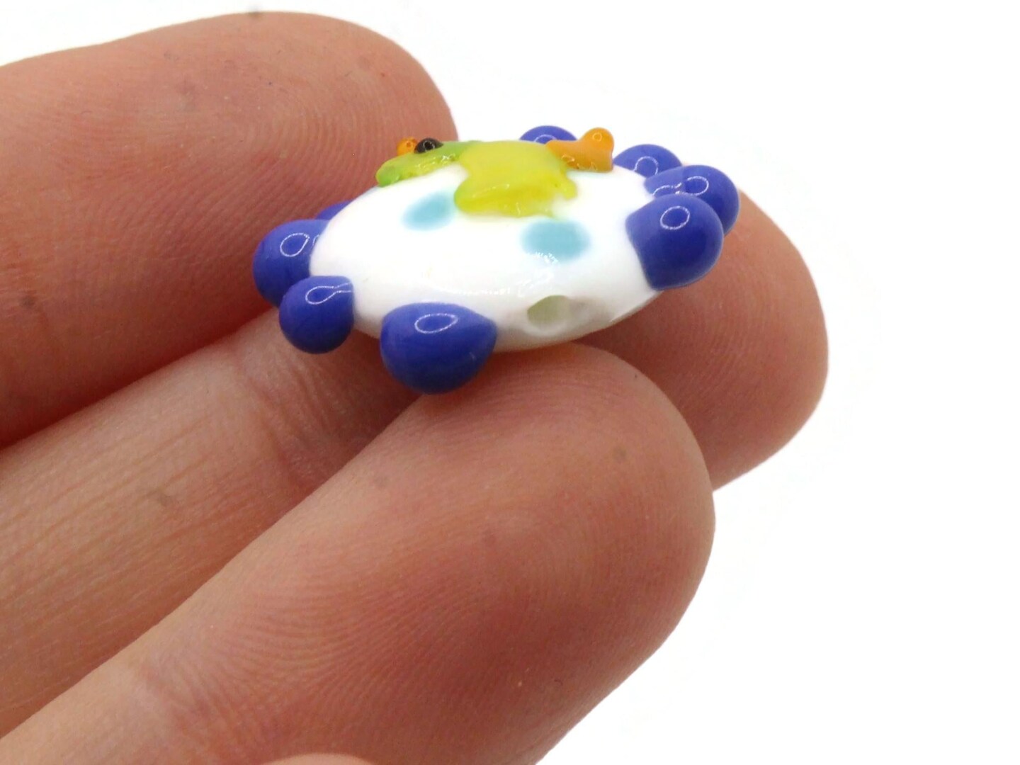 19mm White with Blue Dots and a Duck Bead Flat Round Coin Lampwork Glass Bead