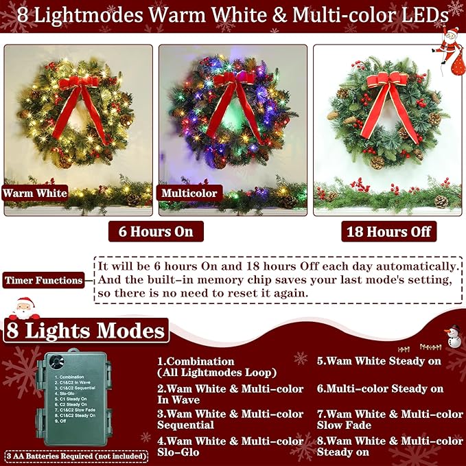 Dual Color Change &#x26; 8 Modes &#x26; Timer 16 Inch Prelit Christmas Wreath with 30 Warm White &#x26; Colored Lights Pinecones Berried Red Bow Xmas Norfolk Pine Wreath Christmas Wreaths for Front Door Wall Window