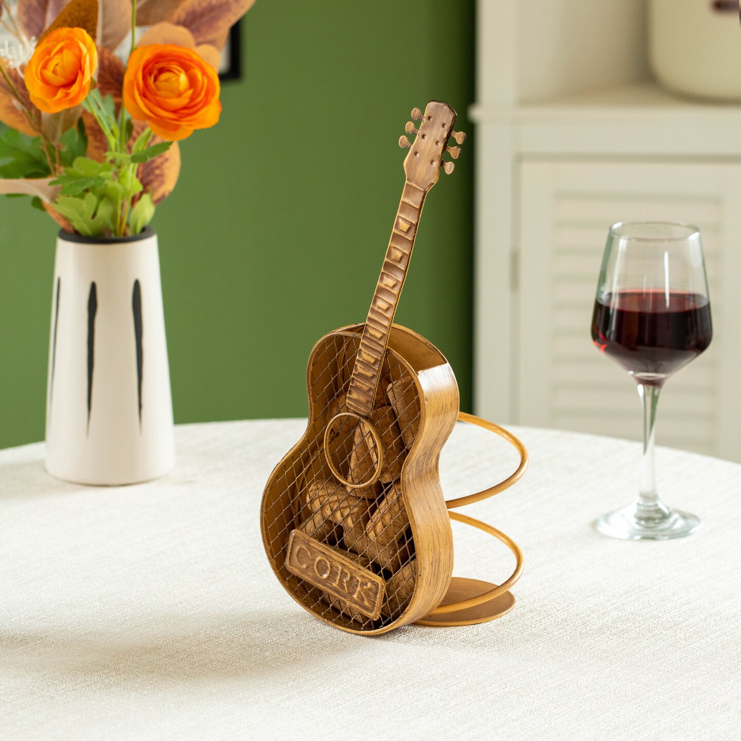 Vintiquewise Decorative Metal Guitar Shape Wine Bottle and Cork Holder &#x2013; A Unique Home Decor Piece and Countertop Accessory for Kitchens, Bars, and Dining Rooms, Great Collection for Wine Lovers