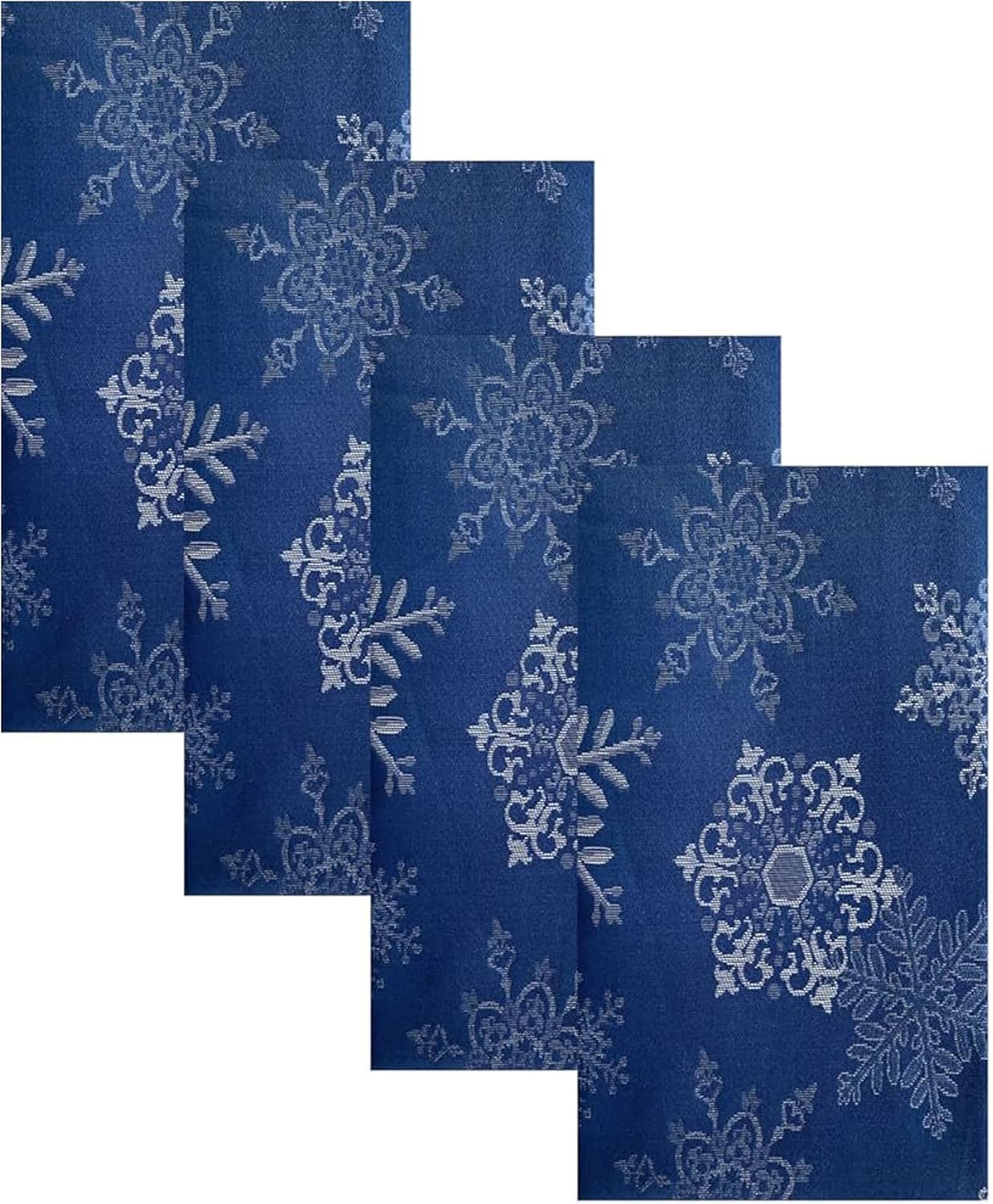 Fancy Navy/Silver Metallic Snowflake Christmas No-Iron Soil Resistant Fabric Holiday Napkins, Sparkling Snowflakes Napkins, Set of 4 Napkins