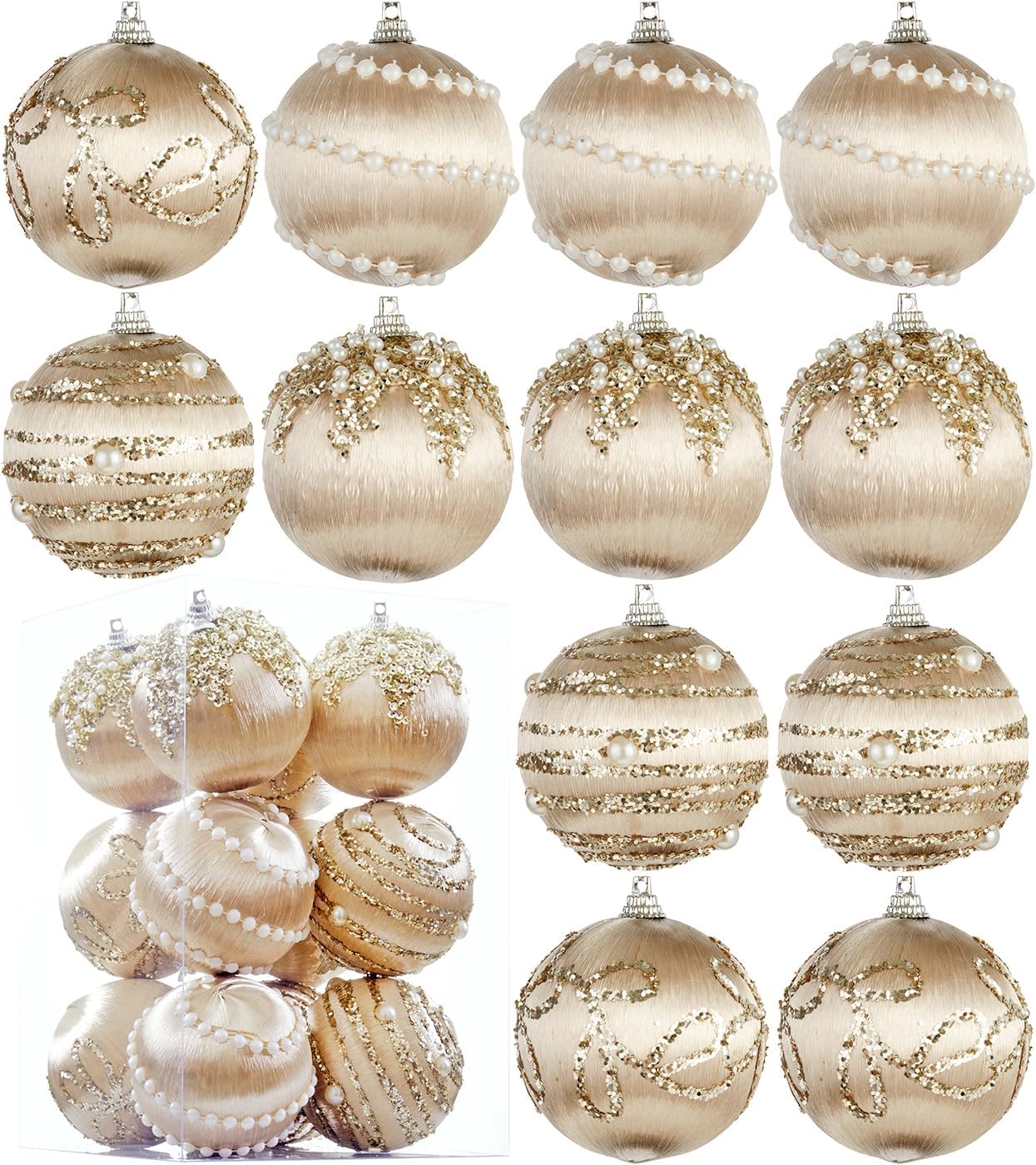Champagne Satin Christmas Balls, Silk Christmas Tree Hanging Ornaments, Pack of 12 Luxury Shatterproof Xmas Tree Decorations Bulbs Set