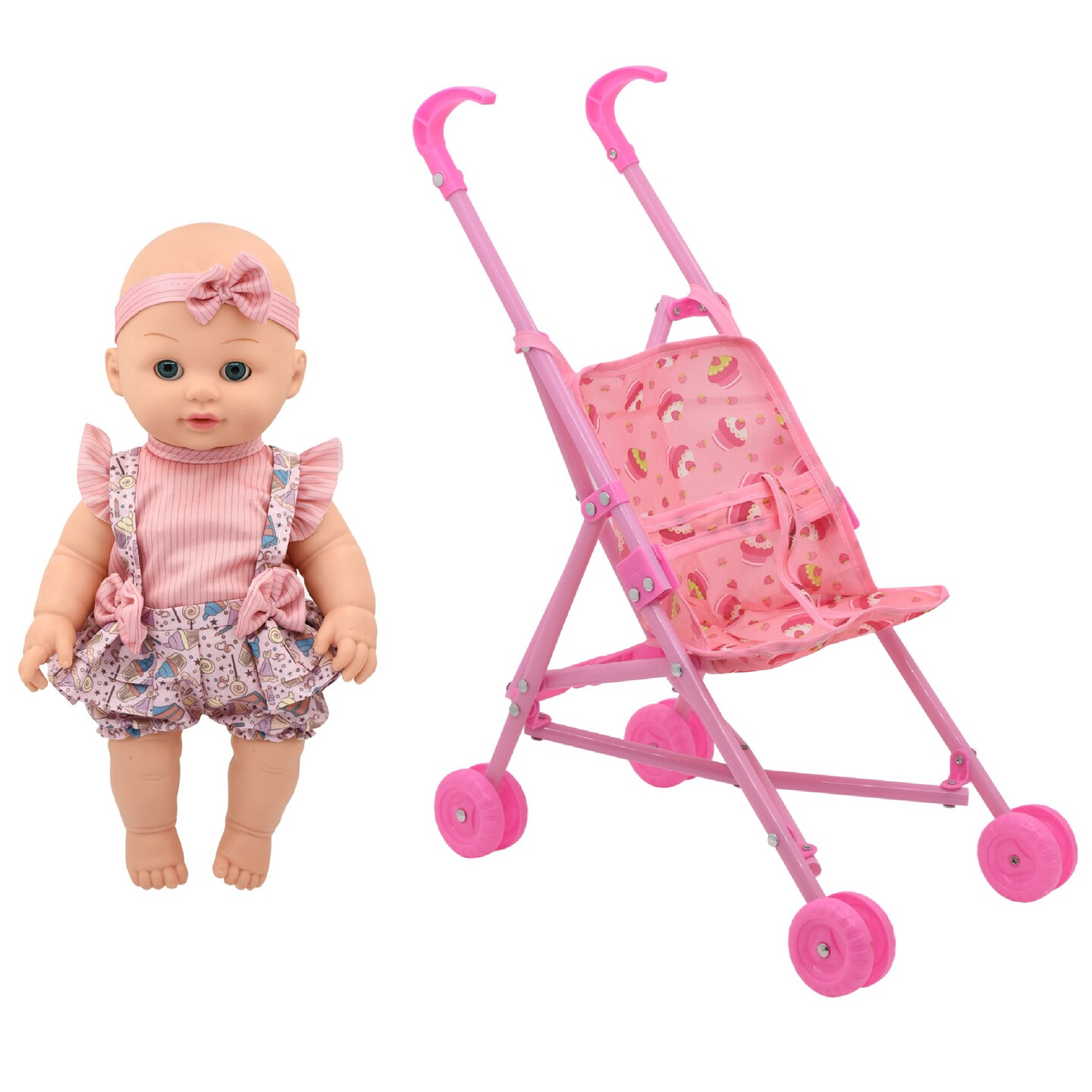 Little Darlings: Out For A Stroll - Cupcake Lollipop Pink &#x26; Blue Outfit - 12&#x22; Baby Doll &#x26; Foldable Toy Stroller, Soft Body, Treats Design, Kids Age 3+