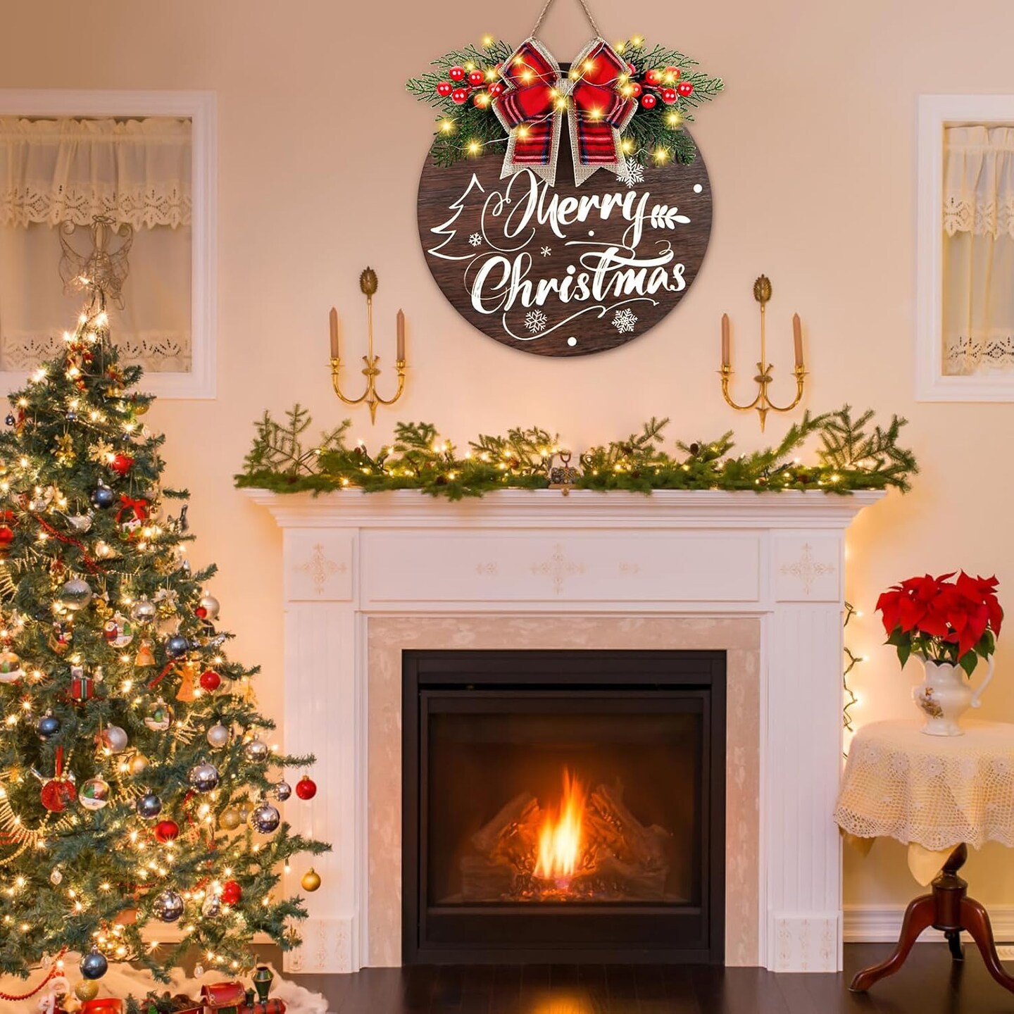 Christmas Door Sign with 30 LED Lights, Lighted Christmas Wreaths for Front Door Wall Porch Window Christmas Decorations, Wooden Hanging Merry Christmas Sign for Farmhouse Indoor Outdoor Decor
