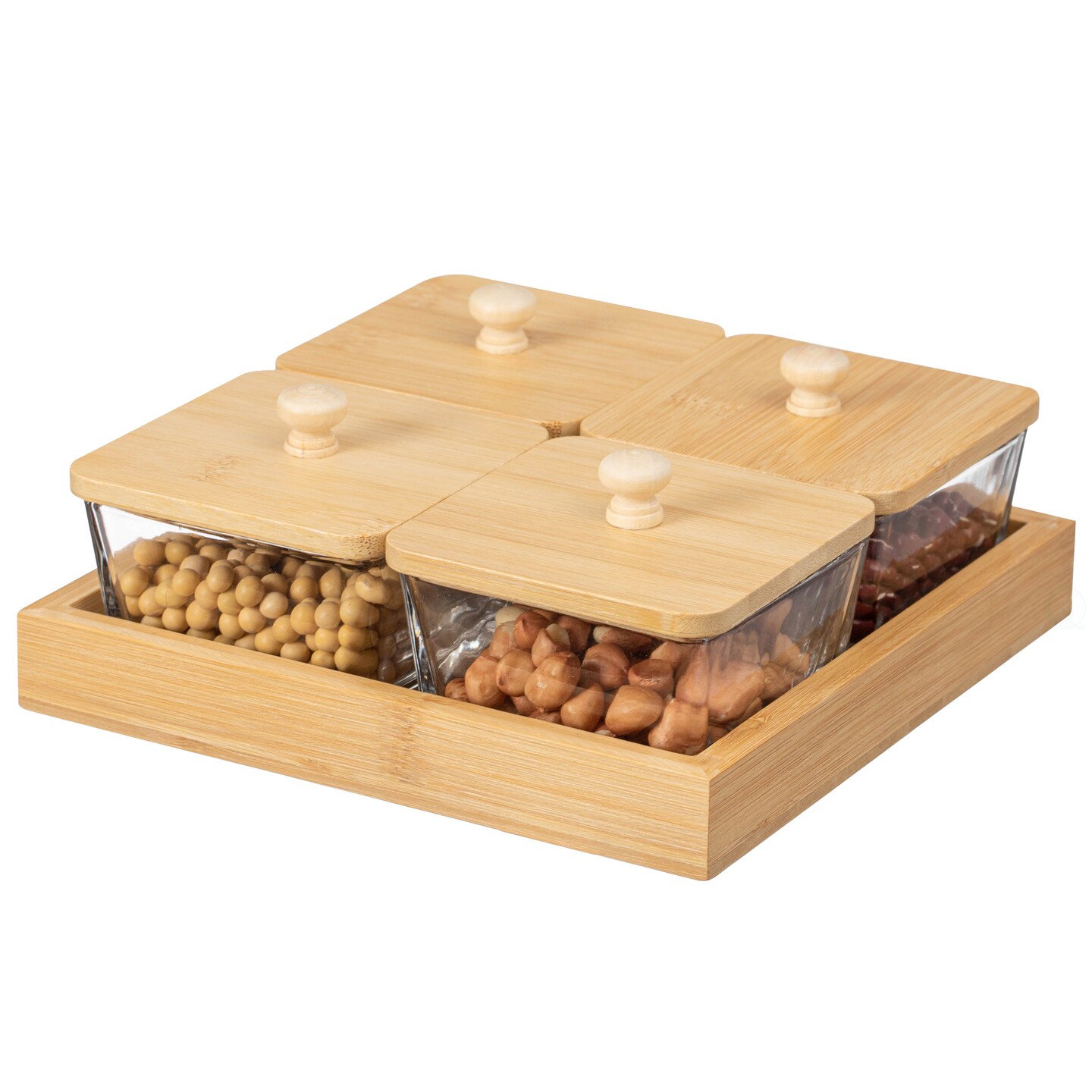 Basicwise Set of Glass Jars with Bamboo Lids and Wooden Tray &#x2013; Charcuterie, Snack Organizer, and Fruit Platter for Party, Candy Jars, Cookies, Nuts, Fruits and Snack Box