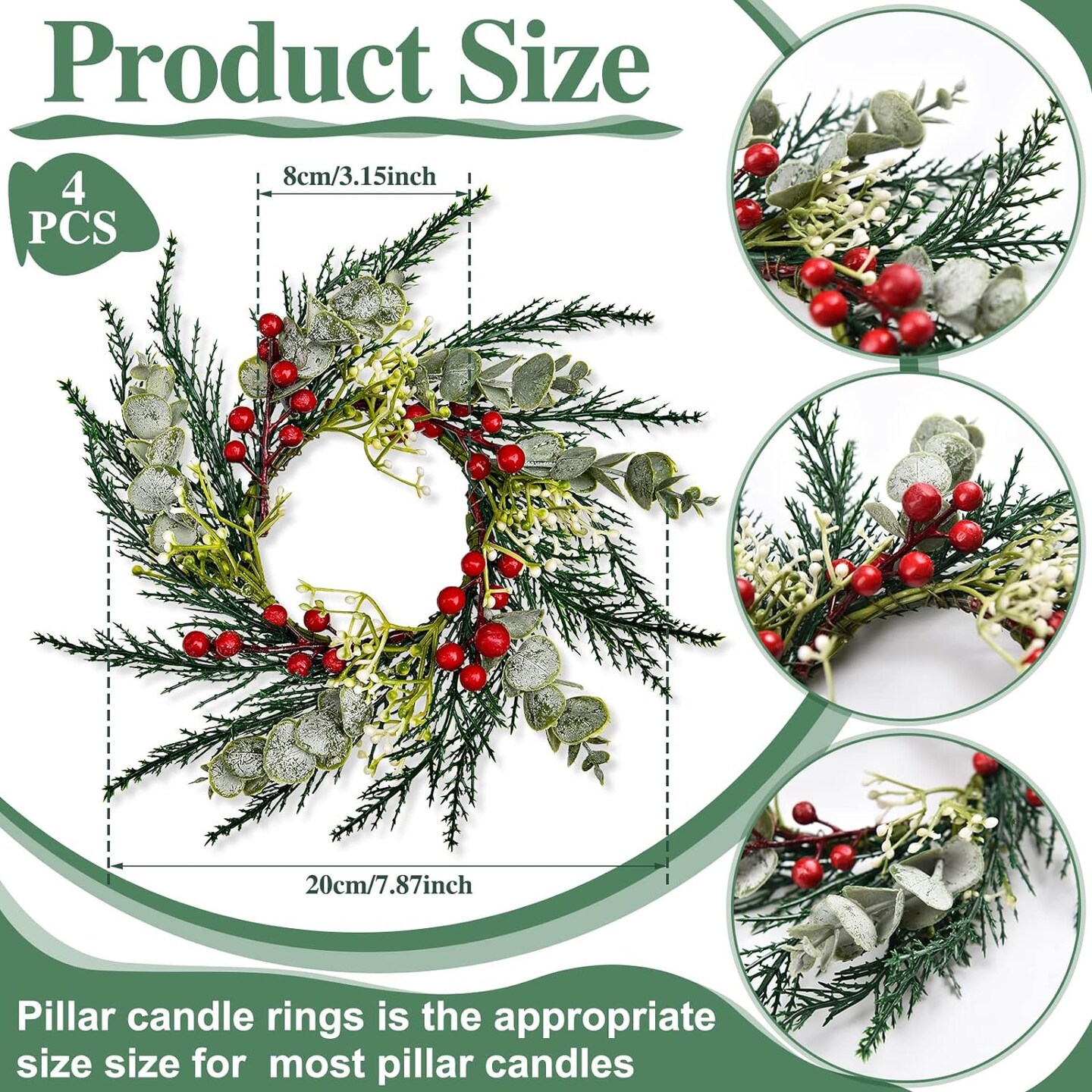 Christmas Candle Rings Artificial Red Berries Snowy Pine Needles Garland Candle Rings Wreaths Candle Rings for Pillars Rustic Wedding Centerpiece Christmas Table Decoration for Front Door (4 Pcs)