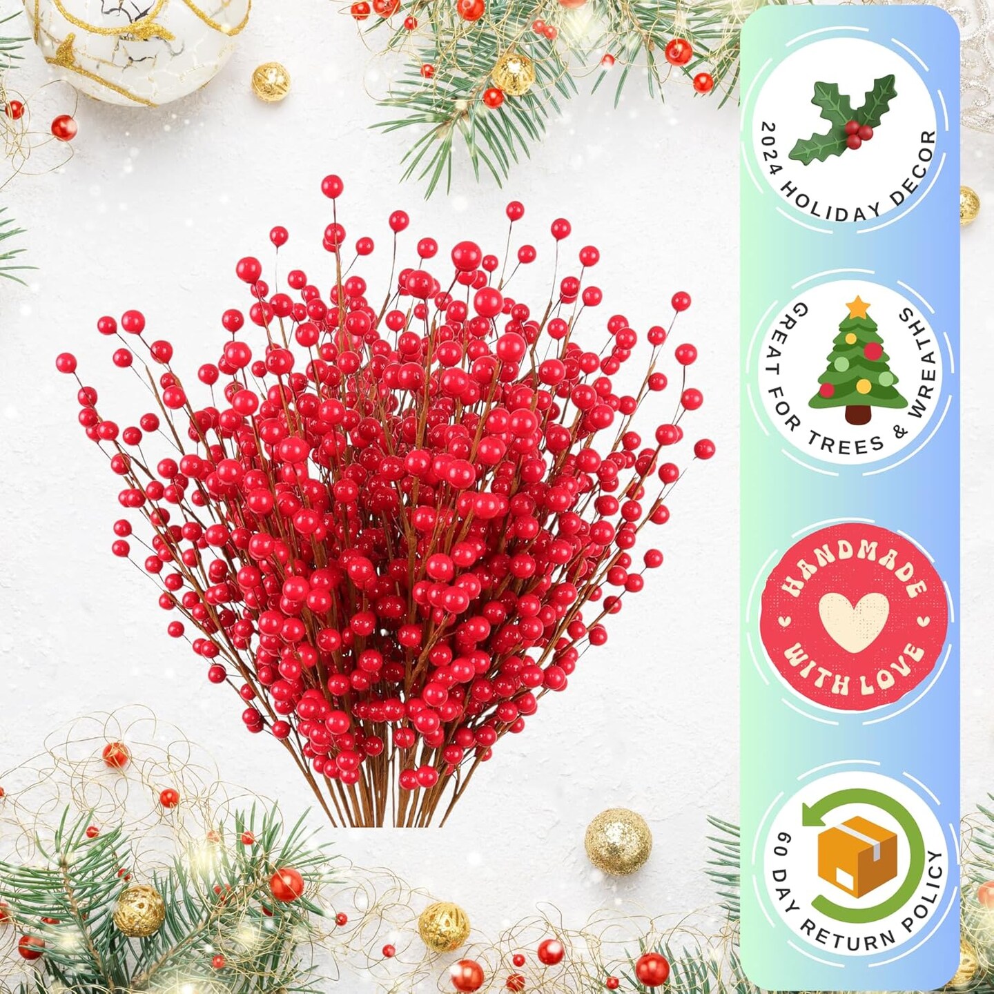 12-Pieces Red Berry Stems, 19&#x22;, 100% Wired Stem Branches, Holly Berry Sprays for Christmas Tree Decoration, Wreath Decoration, Home DIY Crafts