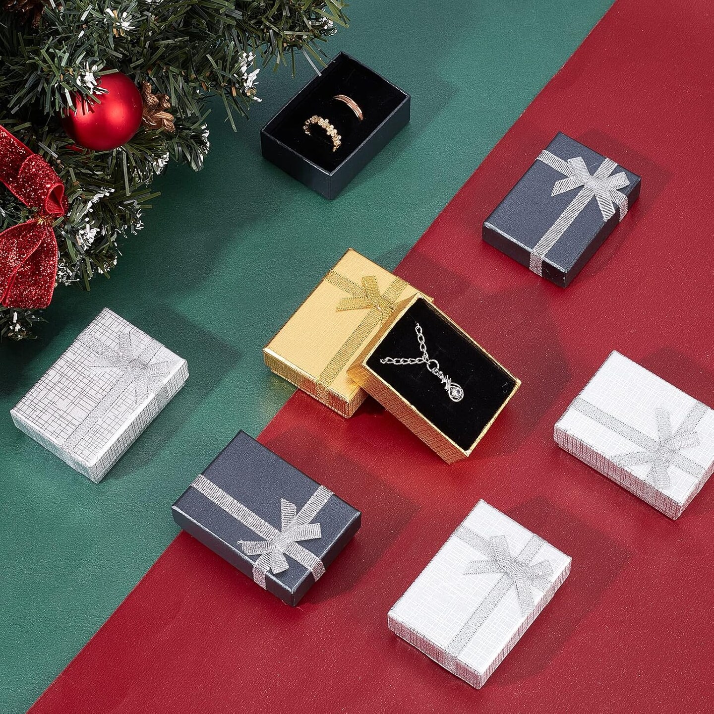12pcs Christmas Gift Box, 2.7x2x1 Inch Jewelry Gift Boxes Metallic Display Boxes Small Earring Box with Bowknot Cardboard Box for Pendant Jewelry Necklace Bracelet Valentine&#x27;s Day Packing