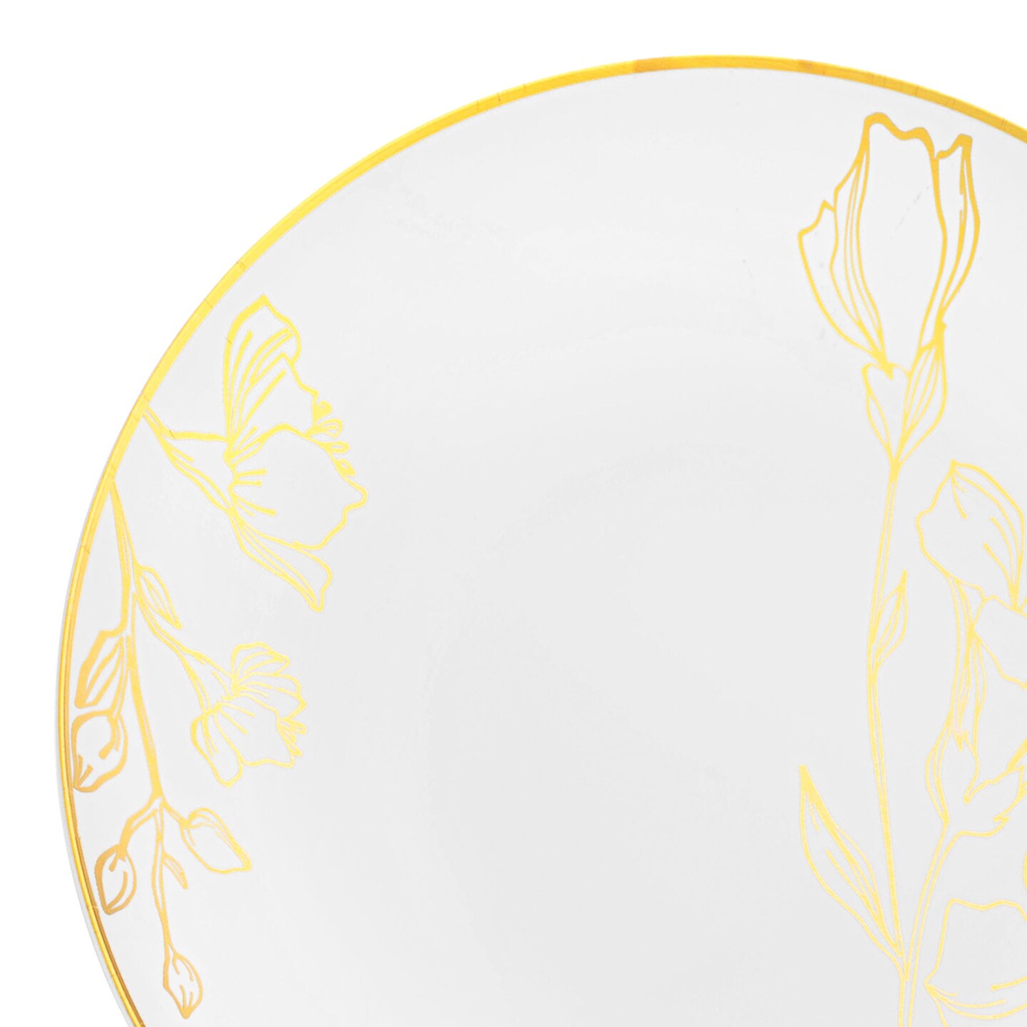 White with Gold Antique Floral Round Disposable Plastic Dinner Plates - 10.25" (120 Plates)