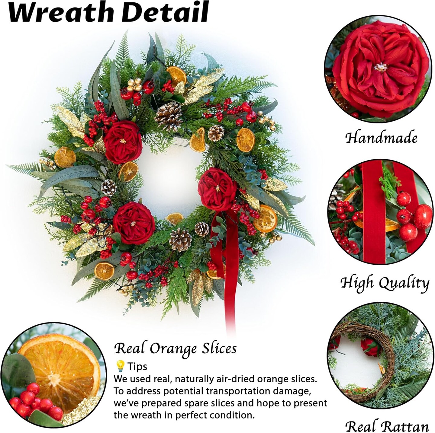 Pre-lit Christmas Wreath with Lights,24 Inch Outdoor Christmas Wreaths for Front Door,Green Eucalyptus Olive Leaves Winter Door Wreath with Pinecones,Red Flower-Lighted Xmas Holiday Wreath