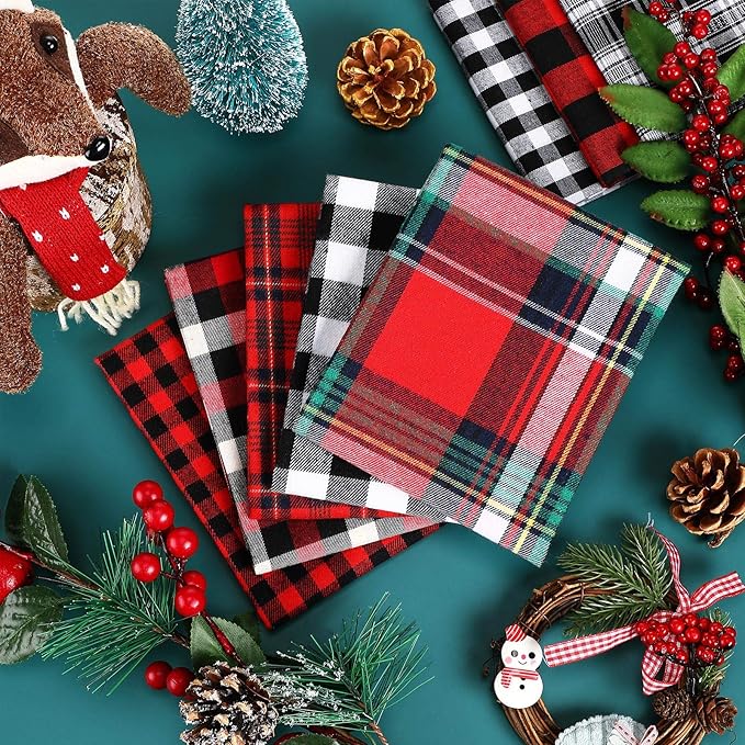 12 Pieces Christmas Fat Fabric Bundles Buffalo Plaid Fat Quarters Cotton Fabric Square Bundles 19.5 x 15.7 Inch Charm Yarn-Dyed Checked Quilting Fabric for DIY Crafting Sewing(Simple Style)