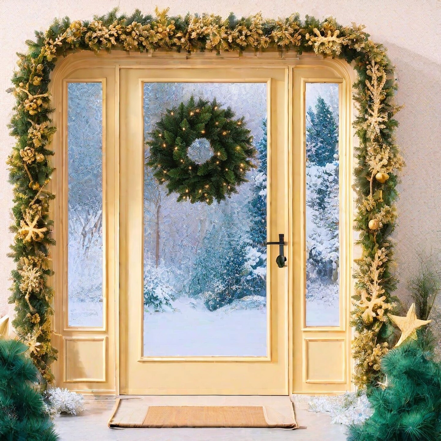 Pre-Lit Artificial Christmas Wreath 20 Inches Battery Operated Timer Lighted Christmas Wreath, Artificial Wreath Christmas Decoration Home Indoor Outdoor (Green Pure)