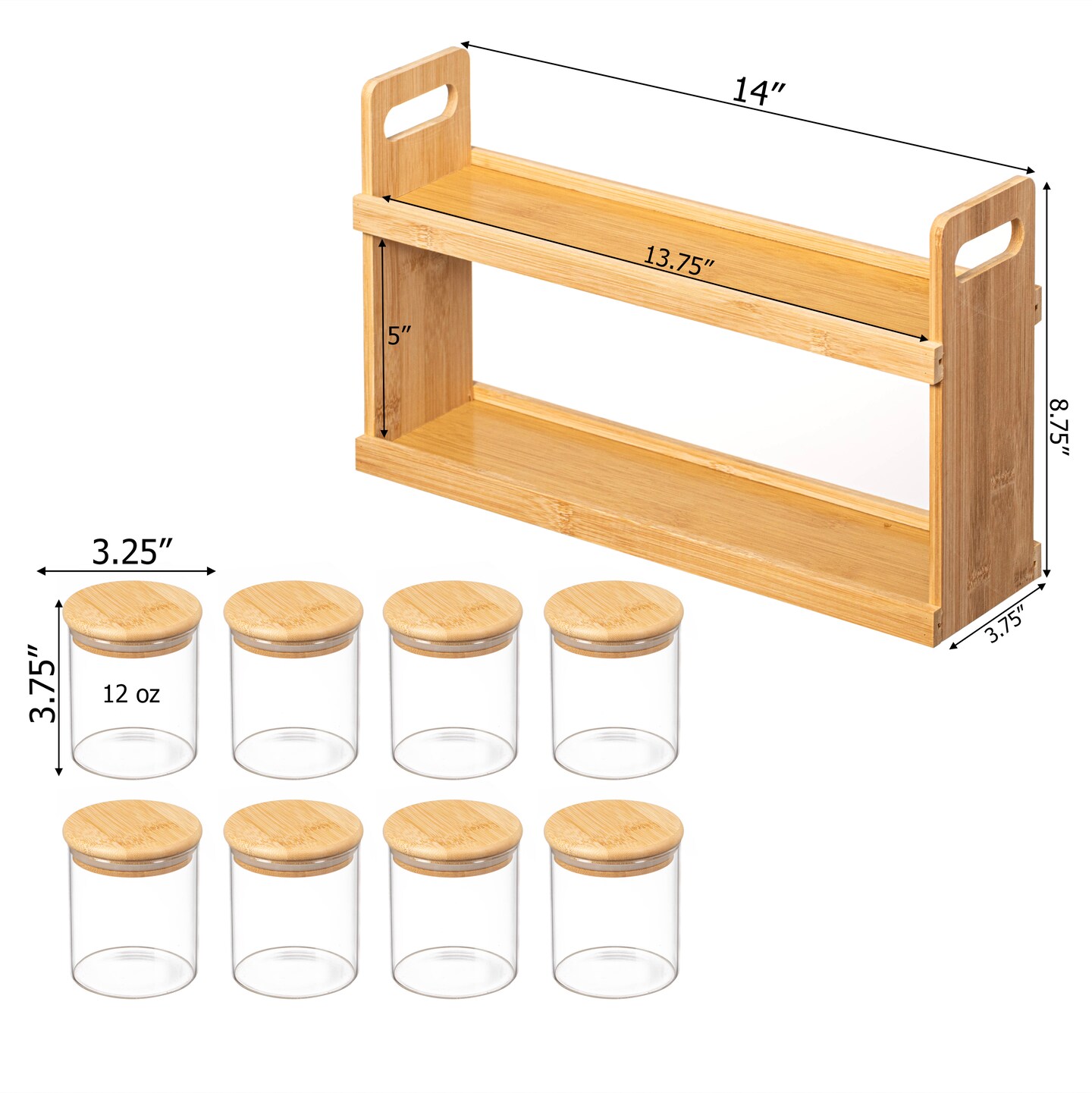 Basicwise Minimalist Two-Tier Bamboo Lazy Susan Turntable with 8 Pcs 12 oz Airtight Lid Glass Jars, Versatile Spice Rack Organizer, Perfect for Kitchen Countertops, Dining Tables, and Pantry Cabinets