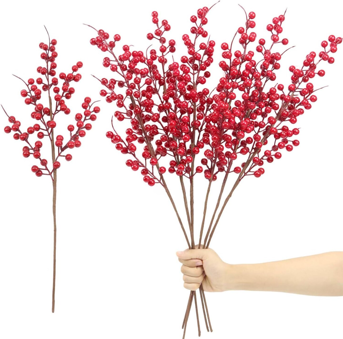 Long Christmas Red Berries Faux Red Berry Picks for Christmas Tree, Red Holly Berry Branches for Christmas Floral Arrangements Vase Decorations