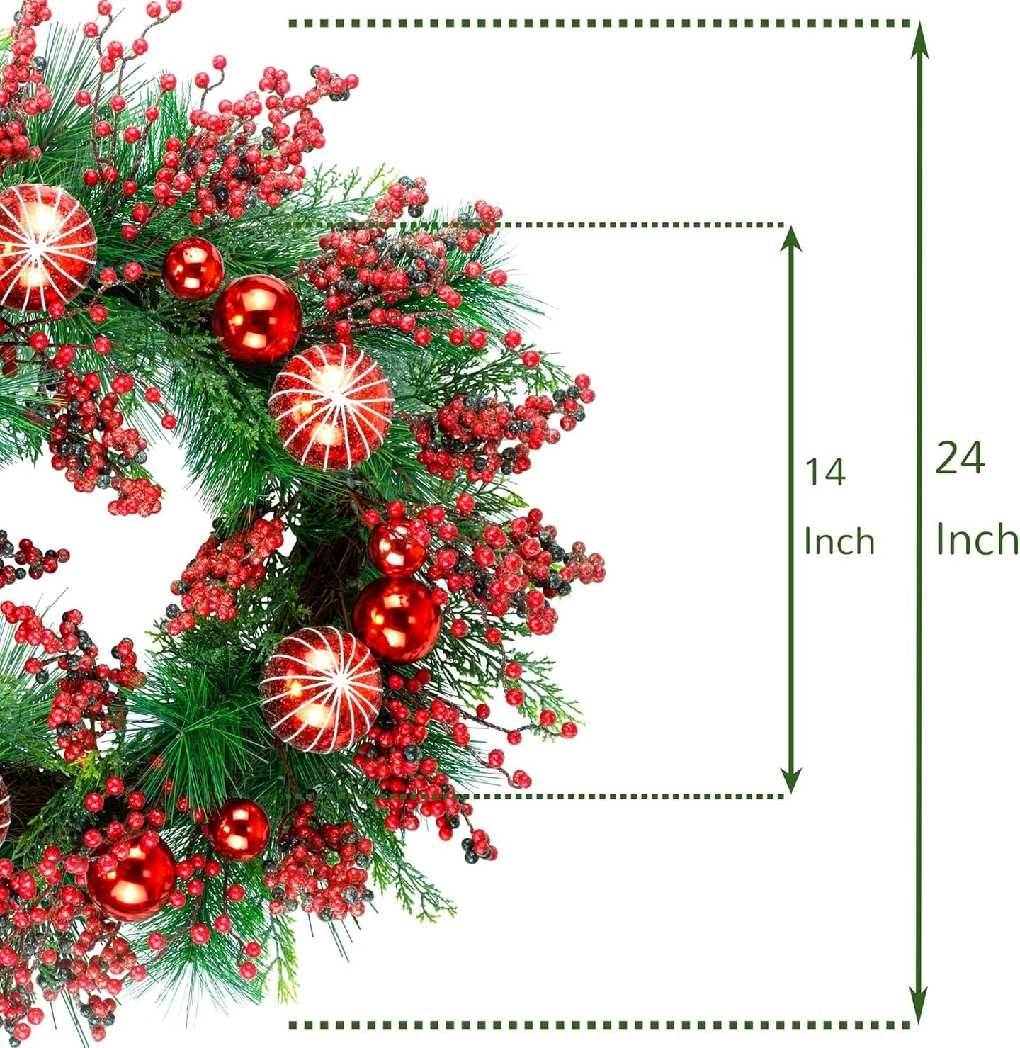 24&#x22; Red Berries Christmas Wreath, Artificial Holiday Wreath with Red &#x26; Purple Frosted Berries, Red Baubles, Green Leyland Cypress Branches &#x26; Pine Needles (Red Berries)