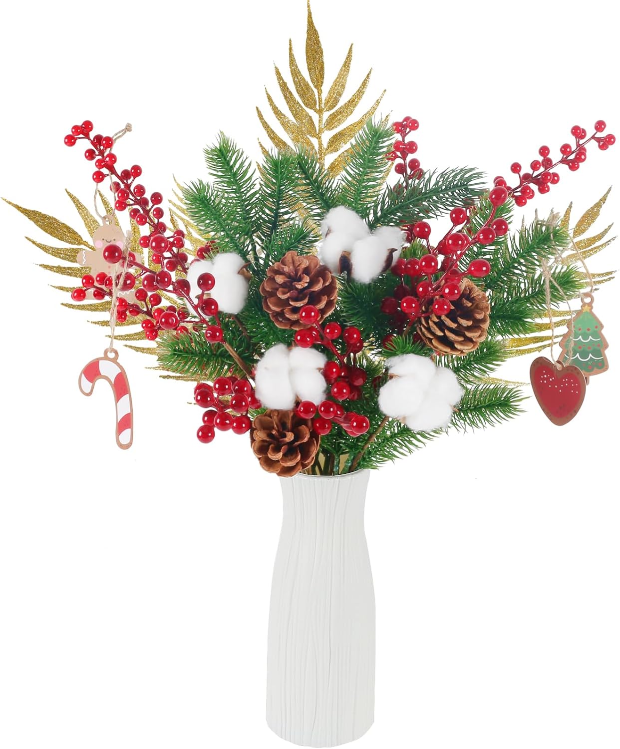 Vase Red Berry Picks Stems Faux Pine Branches with Pinecones for Christmas Holiday Xmas Home Season Decor Xmas Wreath DIY Craft