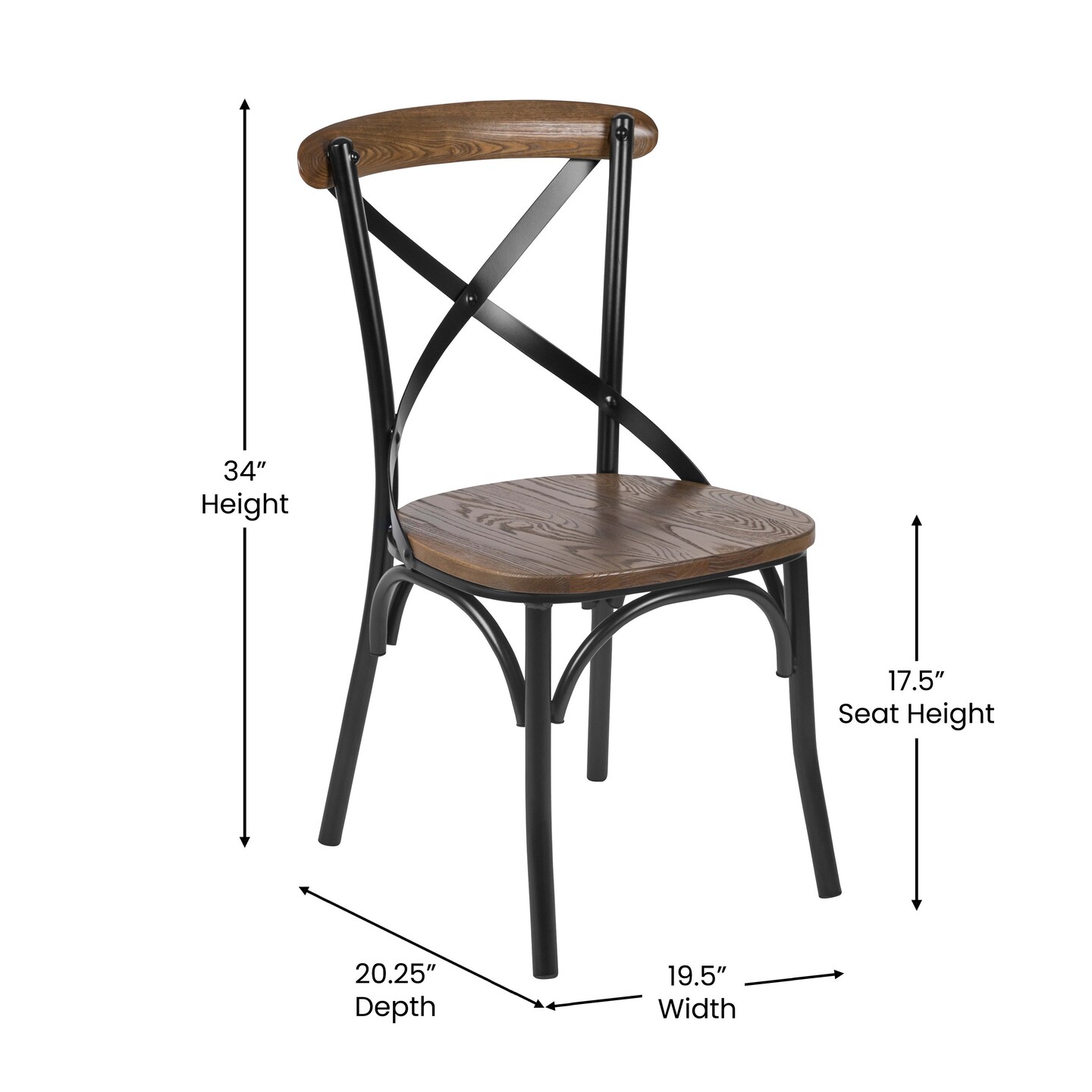 Merrick Lane Tucker Series Industrial Style Black Metal X-Back Dining Chair with Fruitwood Finished Seat and Back