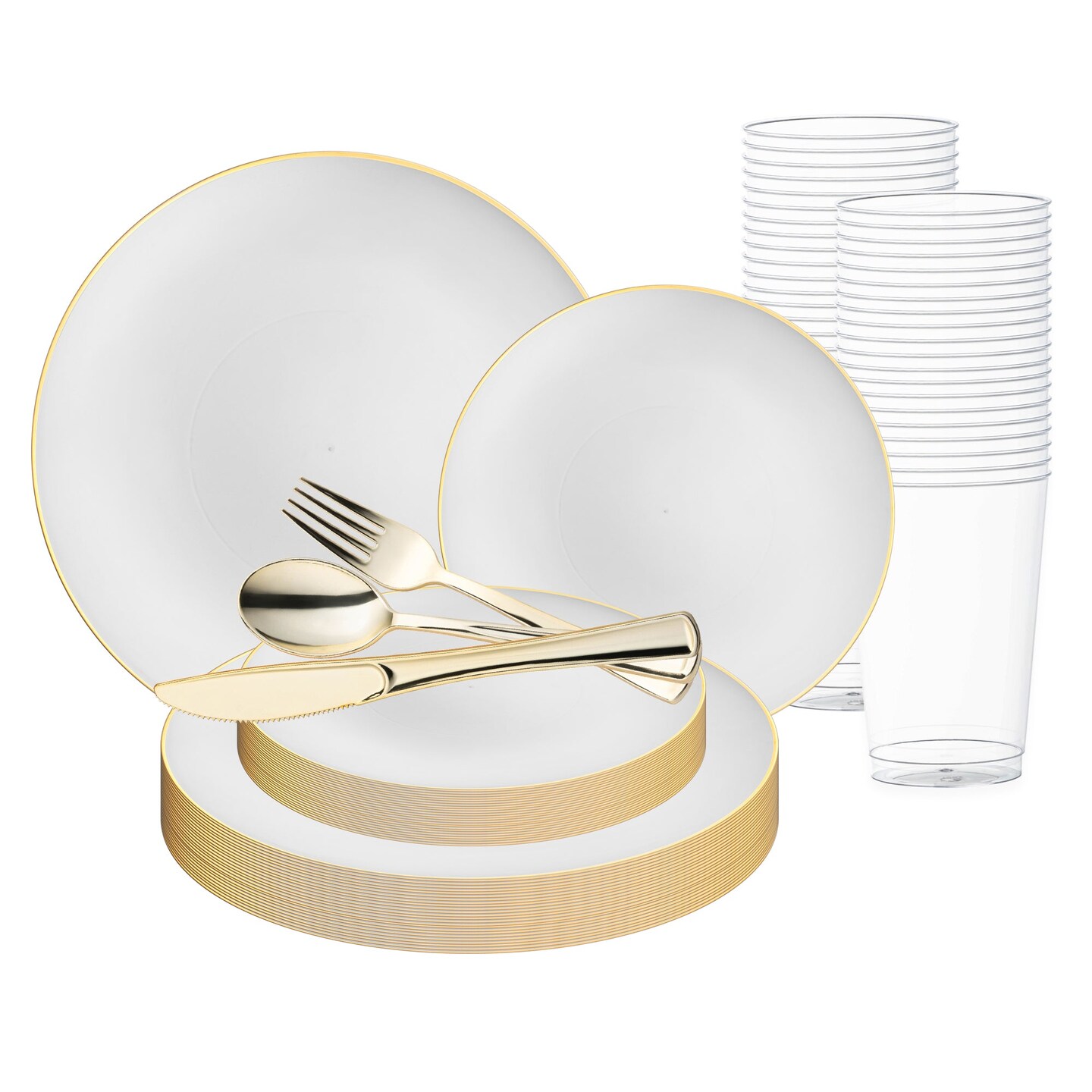 White with Gold Rim Organic Round Disposable Plastic Wedding Value Set (20 Settings)