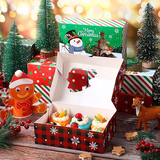 28 Pcs Christmas Cookie Boxes Merry Christmas Bakery Box with Window Xmas Buffalo Plaid Treat Box with Lid Snowman Santa Reindeer Gift Box for Xmas Holiday Party Gift Giving Supplies Decor