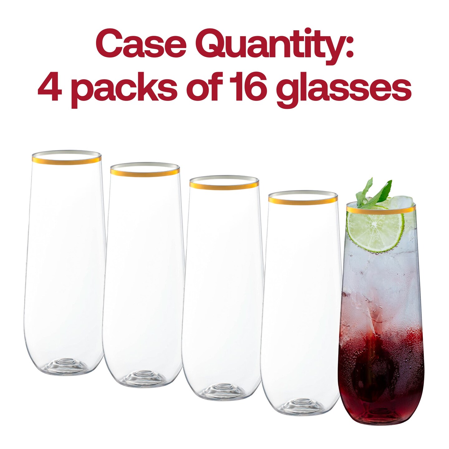 Clear with Gold Stemless Plastic Champagne Flutes - 9 oz. (64 Glasses)