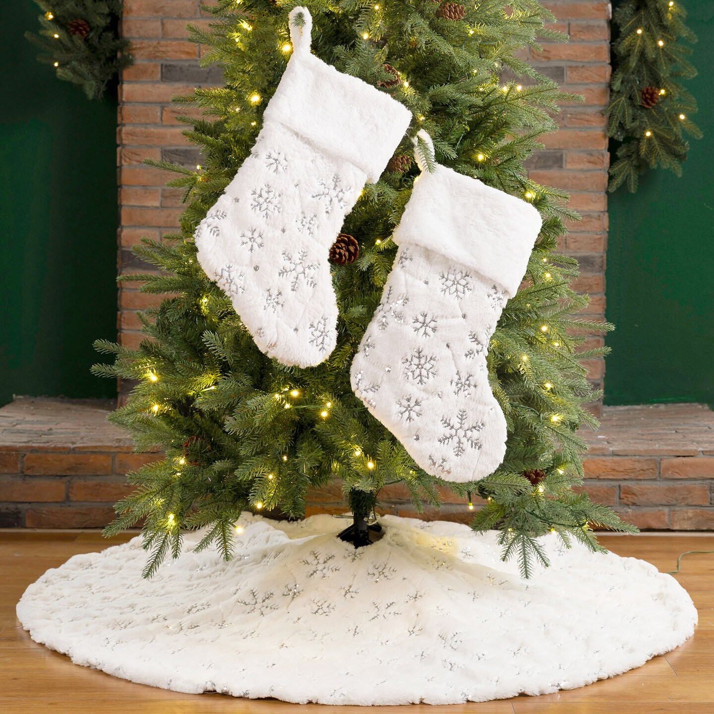White Plush with Snowflake Christmas Stockings &#x26; a tree skirt