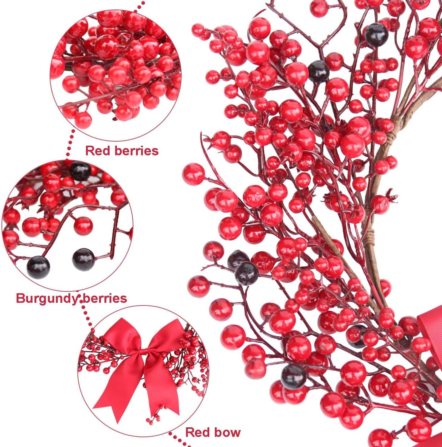 18 Inch Artificial Christmas Wreath for Door Red Berry Wreath Xmas Holiday Winter Wreath with Bowknot Christmas Wreath Decorations for Front Door Home Indoor Outdoor Farmhouse Wall Window
