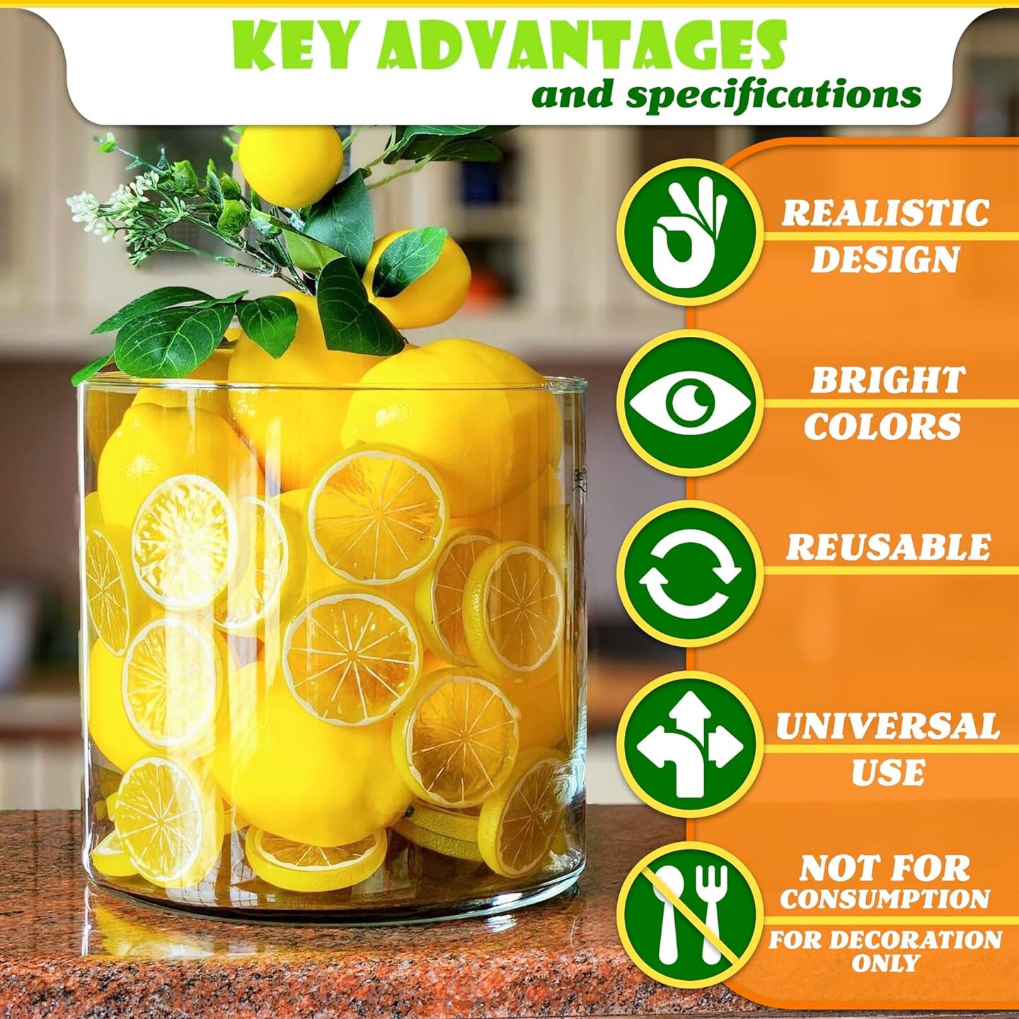 12Pcs Fake Lemon Slices Artificial - Fruit Party Decorations Fake Lemon Fruit Decorations for Party Lemon Kitchen Decoration - Simulation Yellow Lemon Home - 2 Inch Plastic Fruit Decor Kitchen