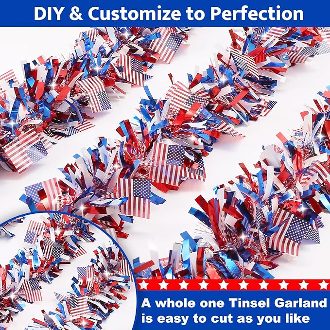 50FT 4th of July Tinsel Garland Red White and Blue Patriotic Flags Garland for Home Party Holiday Celebration Memorial Day Independence Day 4th of July Decorations