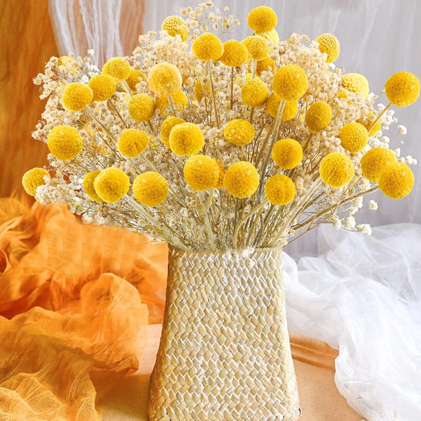 120pcs Dried Yellow Summer Billy Balls Flowers for Floral Arrangements, Wedding Decor, Tall Vase Filler, Indoor Use