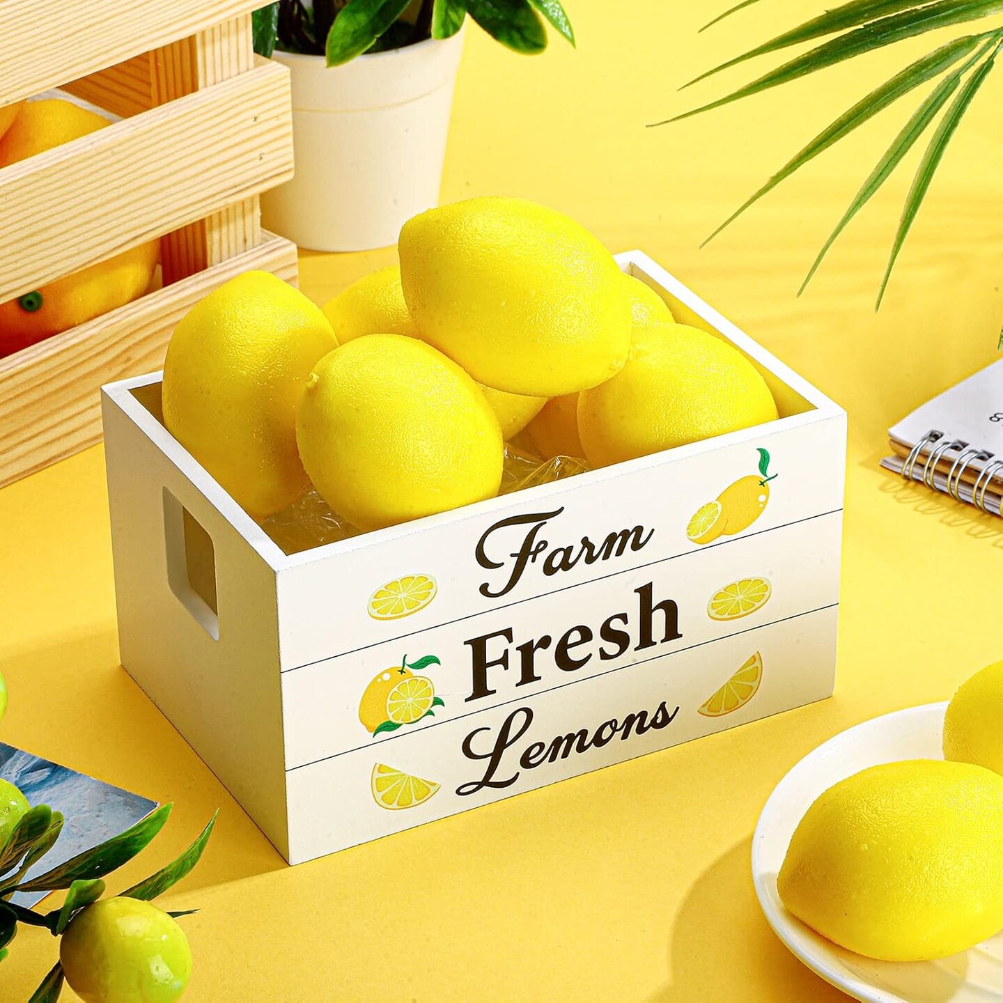 Lemon Mini Wooden Crate – Rustic Farmhouse Tiered Tray Décor with 8 Faux Lemons, Perfect Summer & Fall Lemonade Kitchen Accents for Home, Thanksgiving Table Displays, and Party Centerpieces