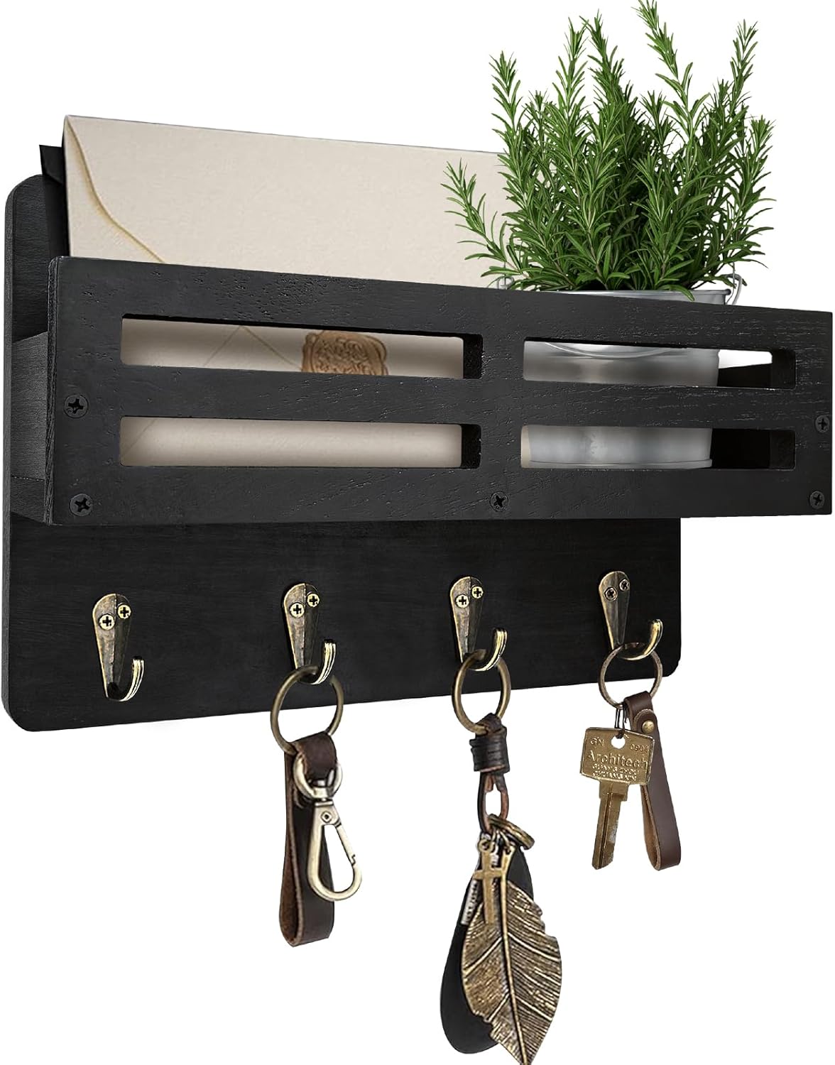 Key Holder Wall Mount Farmhouse Key Hooks for Wall with Mail Organizer Decorative Key Rack with 4 Sturdy Hooks for Dog Leash, Sunglasses, Rustic, Paulownia Key Hanger for Entryway, Blcak