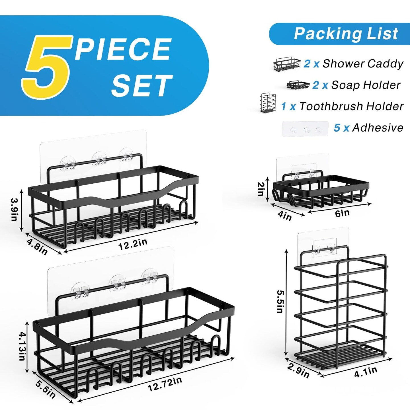 Adhesive Shower Caddy, 5 Pack Rustproof Stainless Steel Bath Organizers With Large Capacity, No Drilling Shelves for Bathroom Storage &#x26; Home Decor