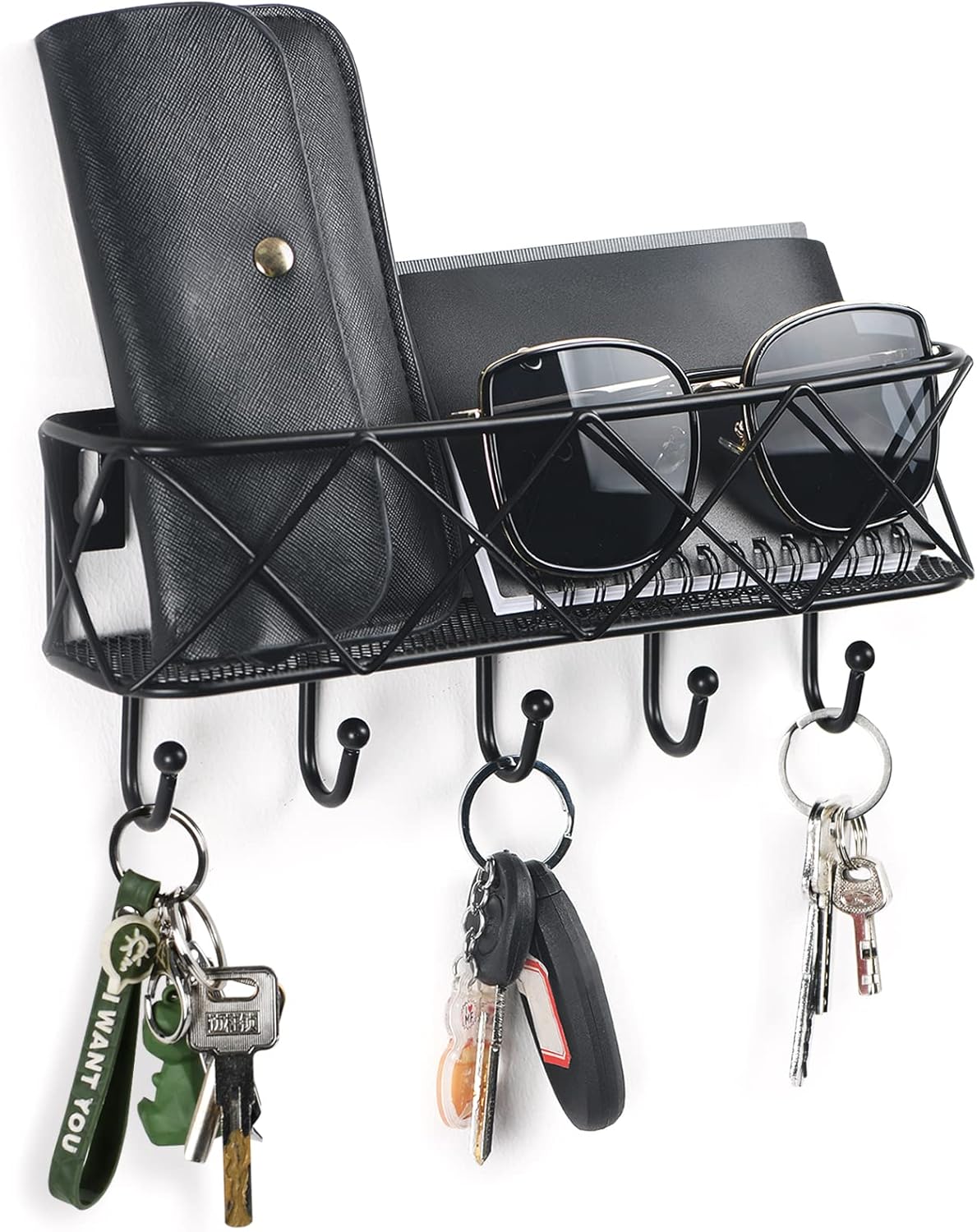 Wall-Mounted Key Holder – Decorative Entryway Key Rack with 5 Hooks and Metal Wire Mesh Mail Basket, 9.8×2.1×4.1"