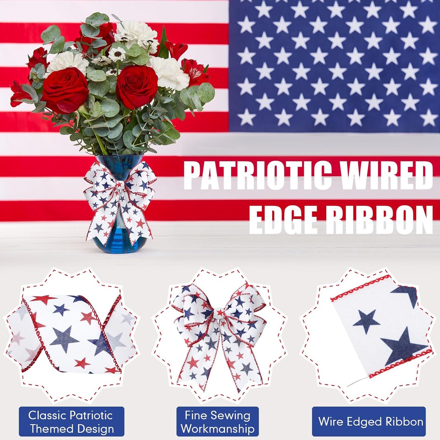 2 Rolls 20 Yards Red White Blue Ribbon Independence Day Stars Flag 4th of July Patriot Ribbon Memorial Day Decor Fabric Patriotic Patriot Labor for Party Decoration