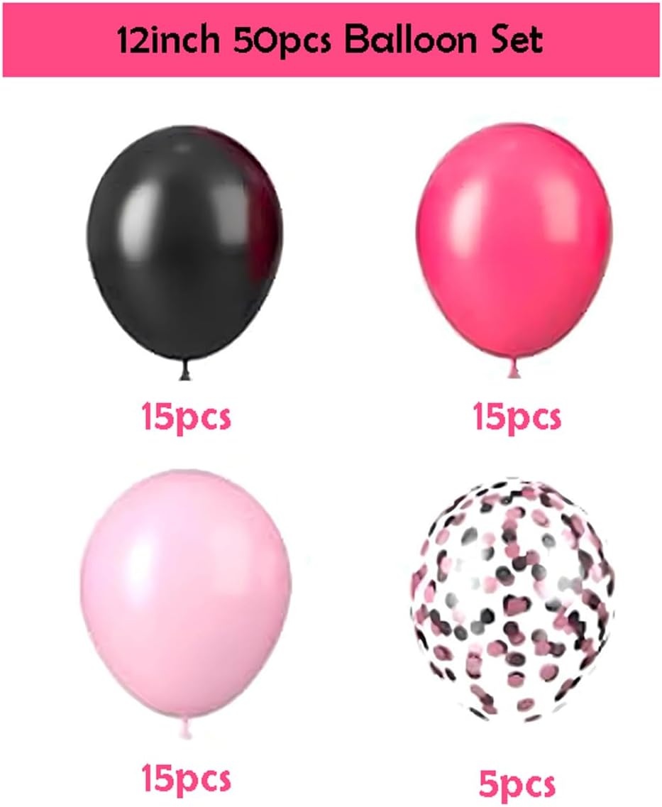 50pcs Balloons 12 Inch Hot Pink Black and Glitter Confetti Balloons