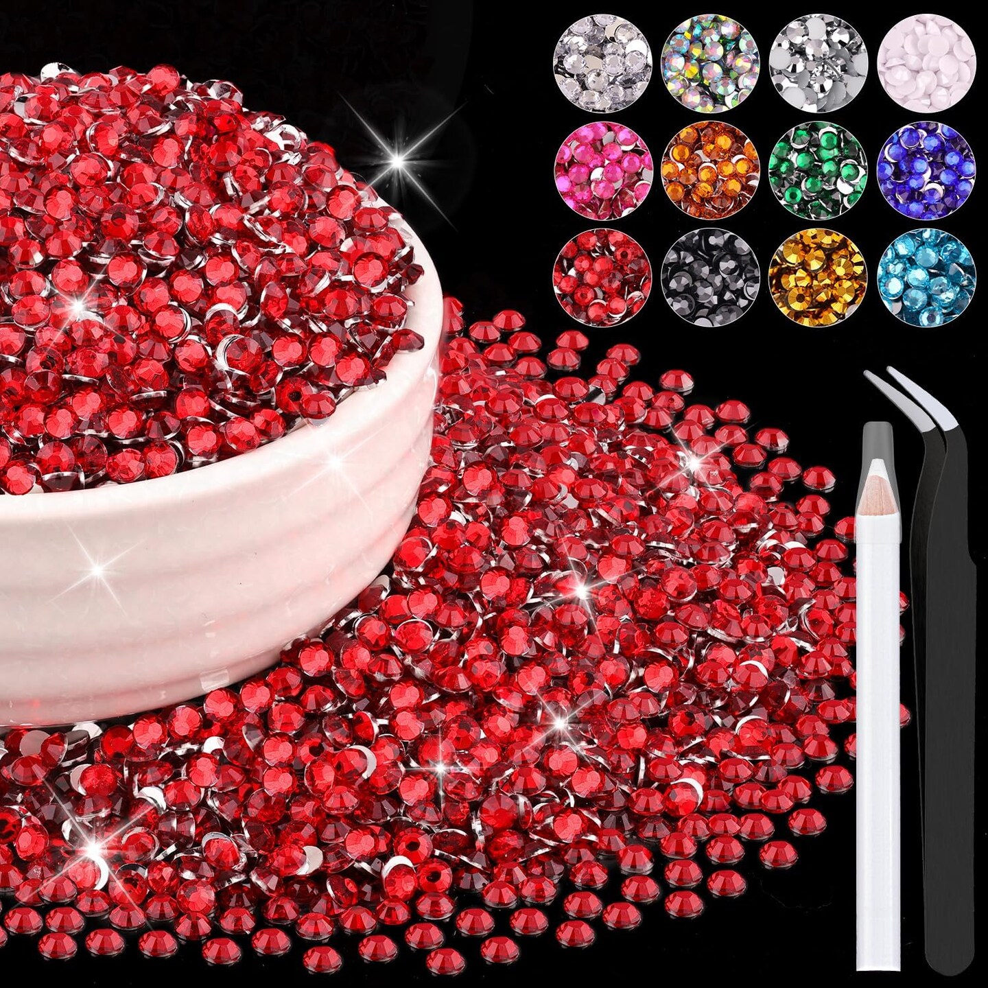 8000PCS 3mm Flatback Resin Rhinestones with Tweezers and Pen (Red)