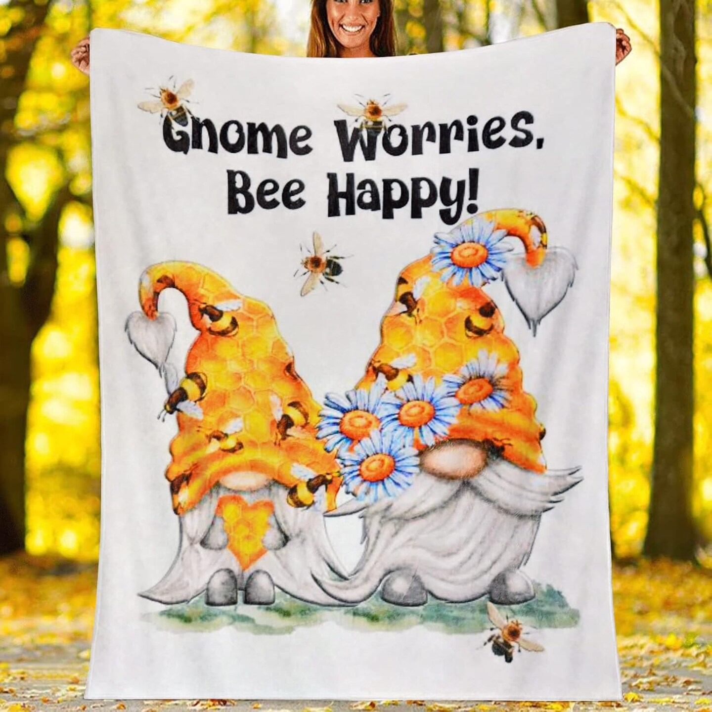 Birthday Gnome Blanket – “Gnome Worries Bee Happy” Throw Blanket for Women, Soft Cozy Flannel 60"x50", Gifts for Adults, Mom, Family, Friends, Christmas & Birthday Present
