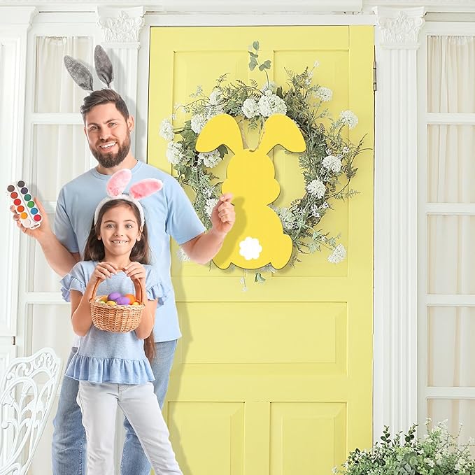 Easter Bunny Wooden Sign Easter Door Sign with String Easter Decorations Bunny Door Hanger Easter Wall Hanging Easter Bunny Banner Easter Rabbit Decor Easter Party Supplies (Yellow)