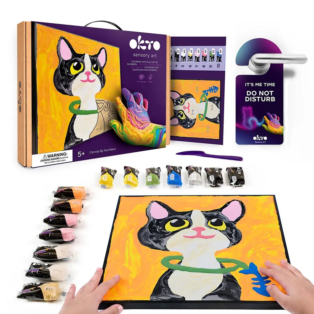 OKTO | DIY 3D Creative Air Dry Clay Kit | Kids Painting by Numbers Coloring Set | CAT | Frame 11.8x11.8 in