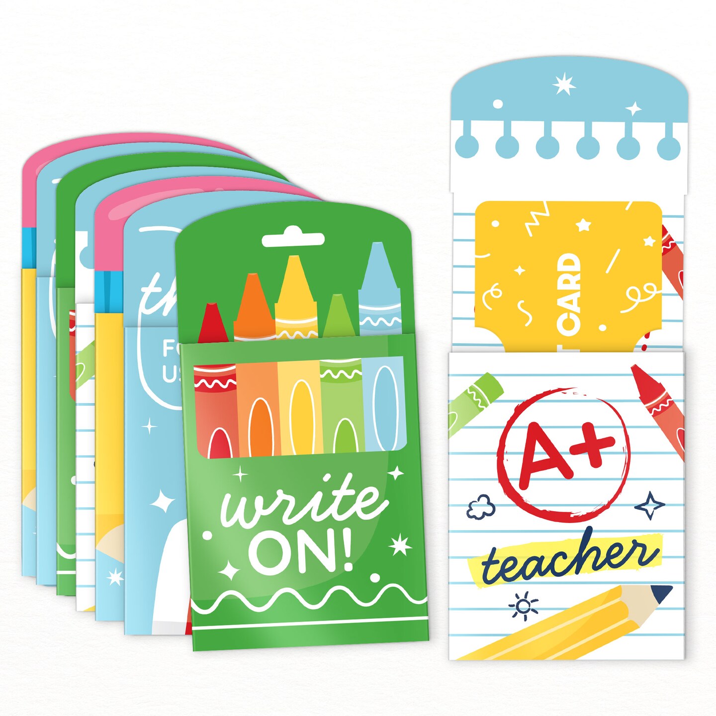 Big Dot of Happiness Assorted School Supplies Gift Card Holders with Envelopes, Thank You Teacher Appreciation Money Holders, Nifty Gifty Pack, 8 Ct