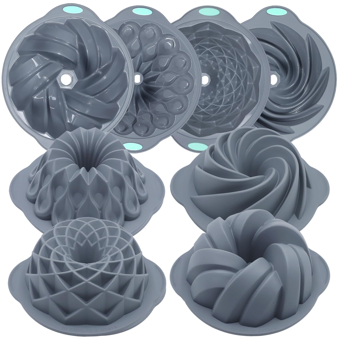 4 Pieces Silicone Fluted Cake Pans, 9/10/12 Cups Tube Baking Pan, Silicone Molds for Homemade Cake, Bread and Jello, Non-Stick, Grey