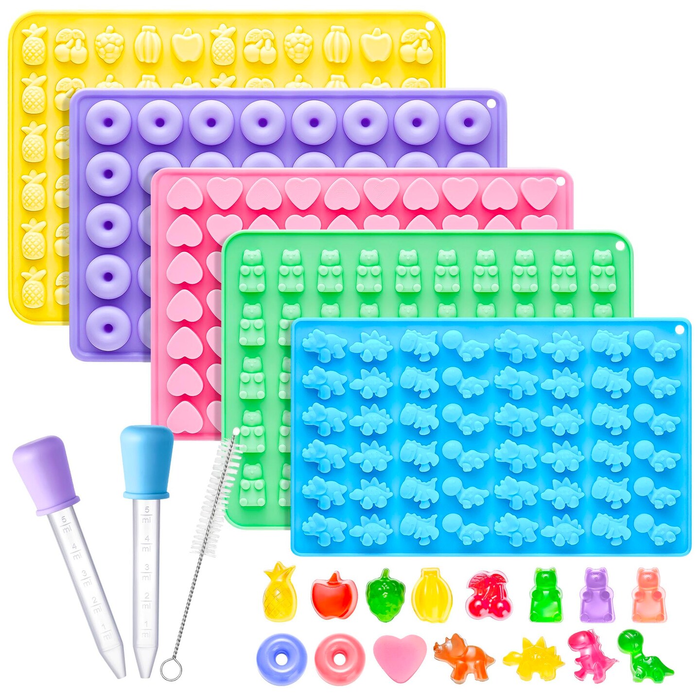Silicone Gummy Molds Set of 5, Non-stick Candy Chocolate Molds with 2 Droppers 1 Clean Brush, Includes Dinosaur Bear Donut Fruit Heart Shape