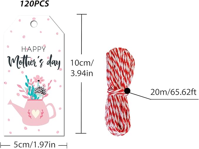 120 Pcs Mother's Day Hanging Gift Tags - 8 Floral Designs with "Best Mom Ever" & "Love You Mom" - Includes 65.6ft Twine for DIY Crafts and Gift Wrapping